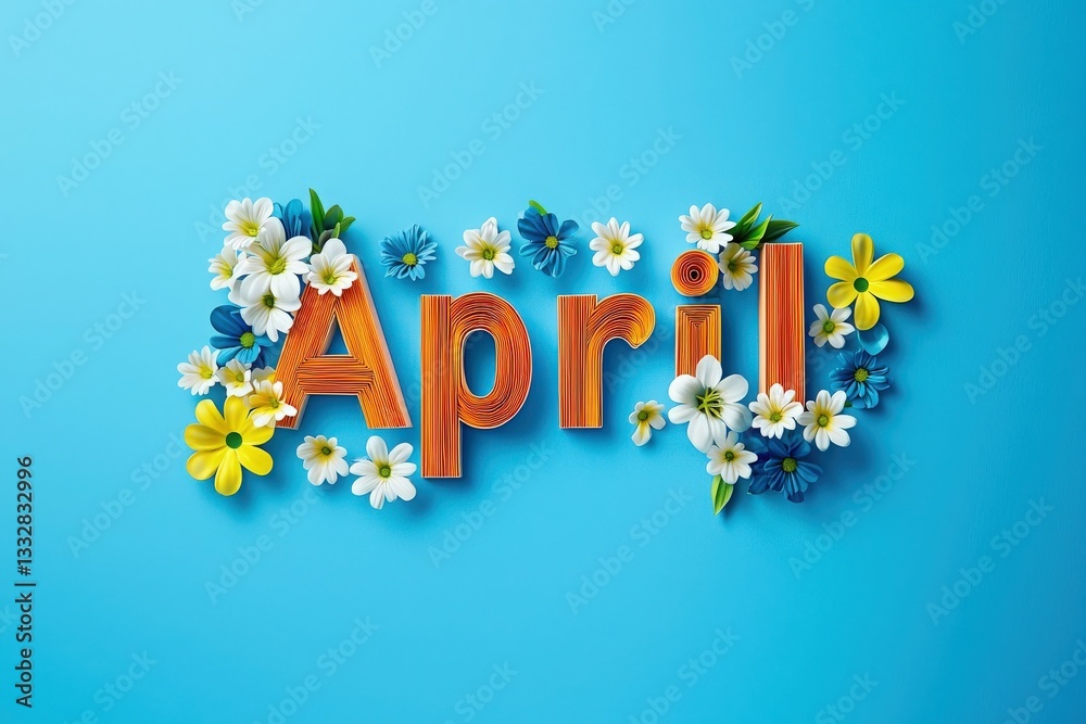 Bright orange letters form the word April, adorned with a variety of white, yellow, and blue flowers. The background is a vibrant blue, enhancing the cheerful aesthetic of springtime.
