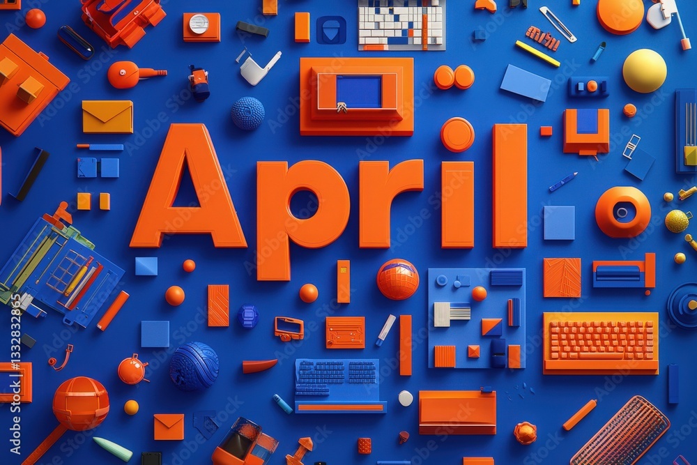 Bright orange letters spelling April are surrounded by a variety of colorful objects against a deep blue background, showcasing creativity and design in a playful arrangement.