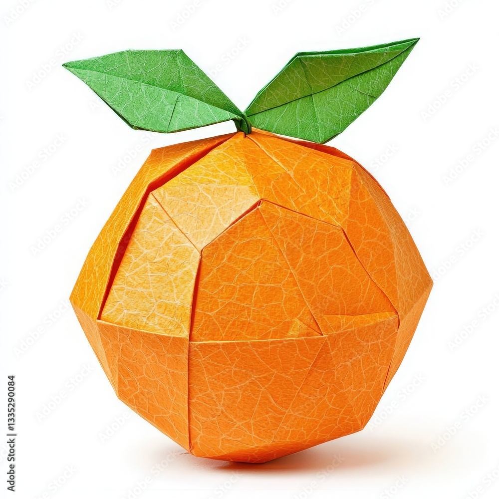 Bright orange origami fruit with a realistic texture and green leaves on top. It showcases intricate folding techniques and vibrant colors, making it a captivating decorative piece.
