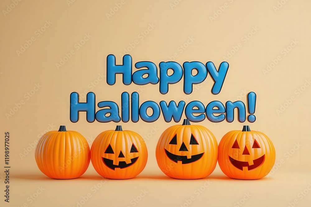 Bright orange pumpkins with carved faces sit side by side against a light background, accompanied by a cheerful Happy Halloween message above. Perfect for a festive atmosphere.