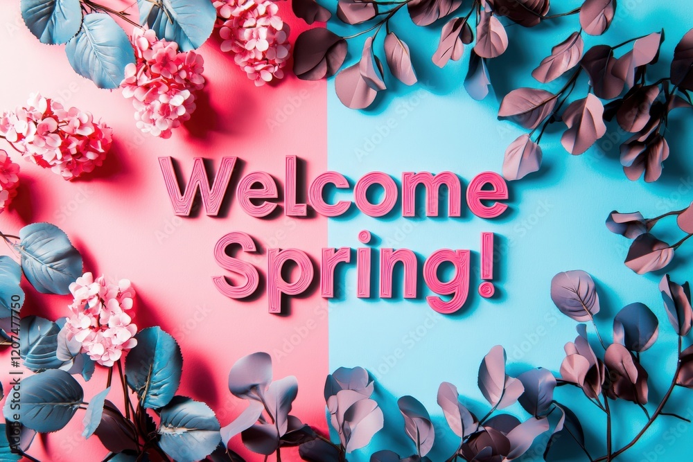 Bright pink and blue background with decorative flowers and leaves framing the message encouraging a warm welcome to spring. Perfect for seasonal celebrations or decorations.