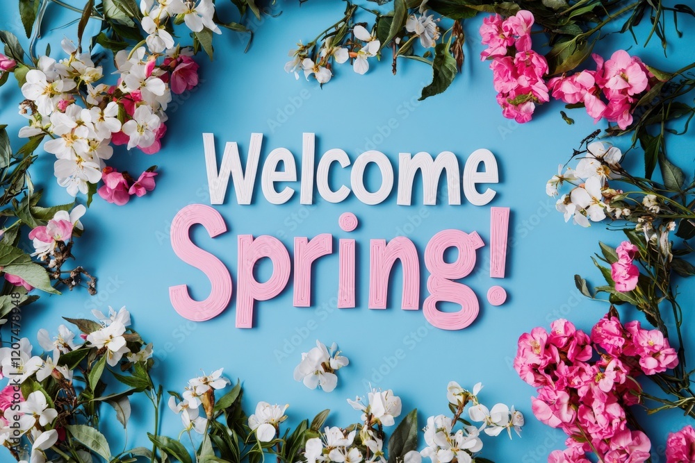 Bright pink and white flowers surround the phrase Welcome Spring on a vibrant blue backdrop. The floral arrangement symbolizes the arrival of spring and its beauty and renewal.
