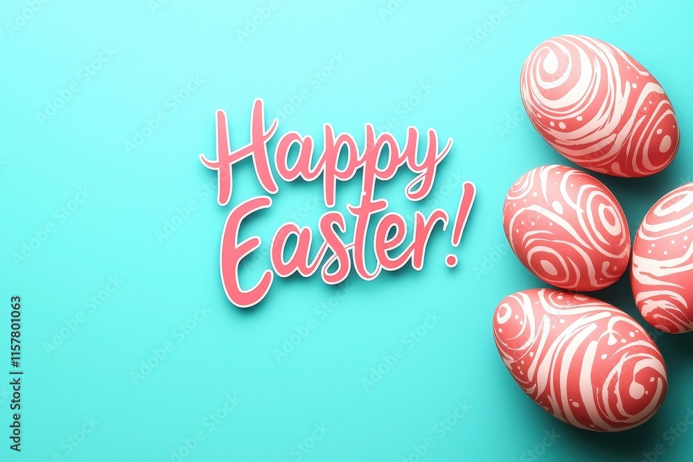 Bright pink and white marbled eggs rest on a blue surface next to a cheerful greeting celebrating Easter. The design is playful and festive, perfect for the holiday season.