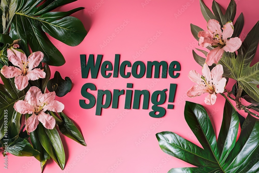 Bright pink backdrop features the words Welcome Spring surrounded by lush green leaves and delicate pink flowers, celebrating the arrival of the vibrant spring season.