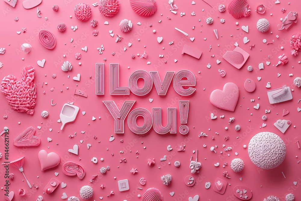 Bright pink background features an arrangement of various textured and shaped items, emphasizing the words I Love You.