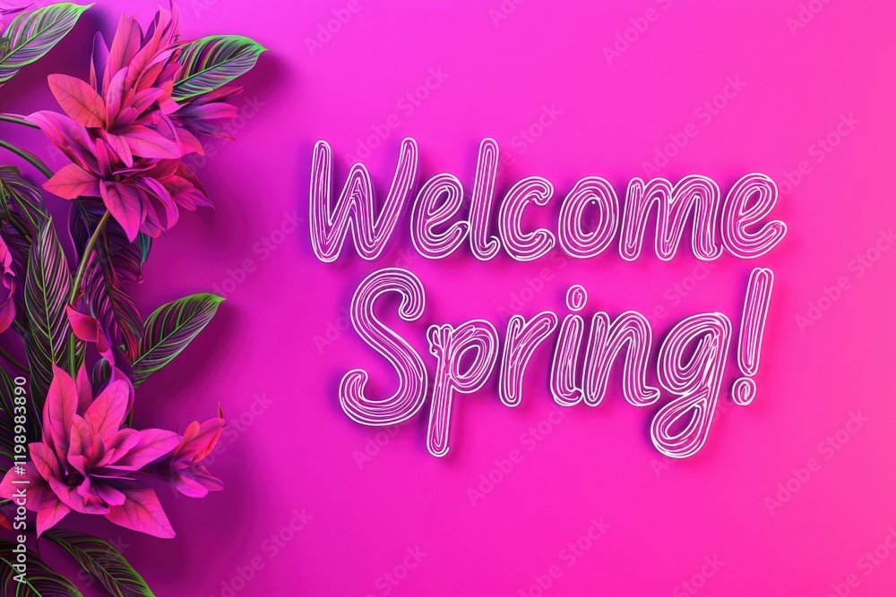 Bright pink background features cheerful text welcoming spring, surrounded by lush, colorful flowers, creating a festive and uplifting atmosphere perfect for seasonal celebrations.