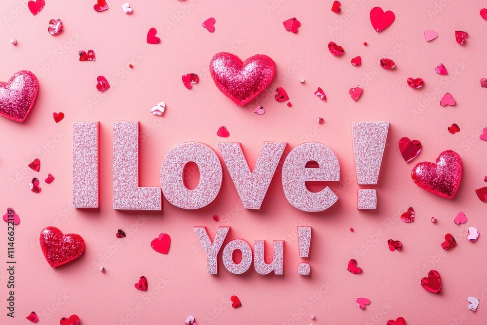 Bright pink background features large glittery letters stating love and adorned with red and pink hearts. Perfect for celebrating affection during special events like Valentines Day.