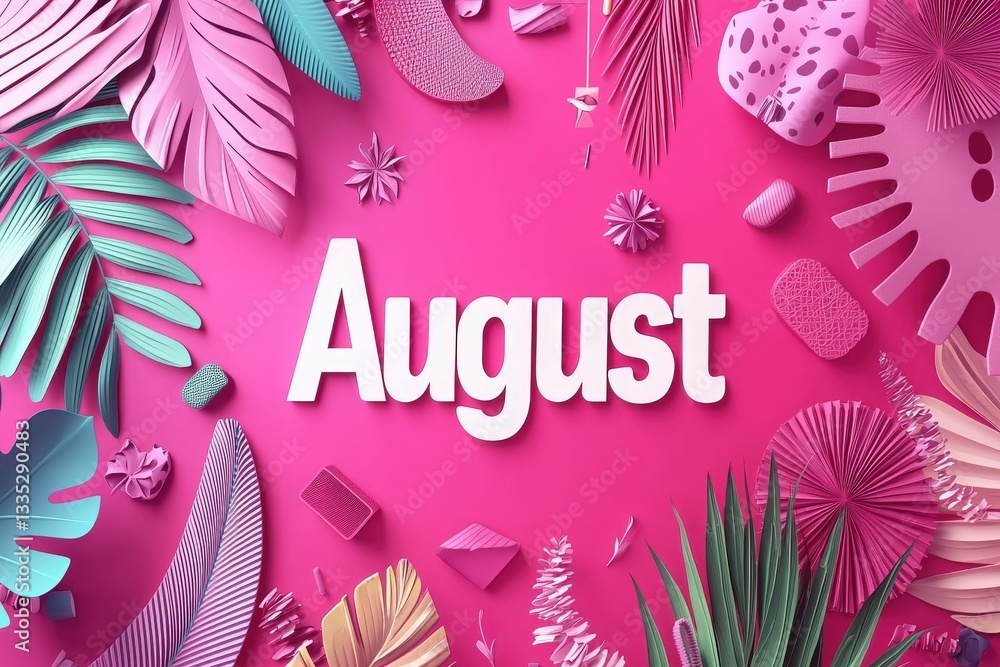Bright pink background features the word August surrounded by various colorful leaves and geometric shapes. The design conveys a playful, summer vibe perfect for celebration or decoration.