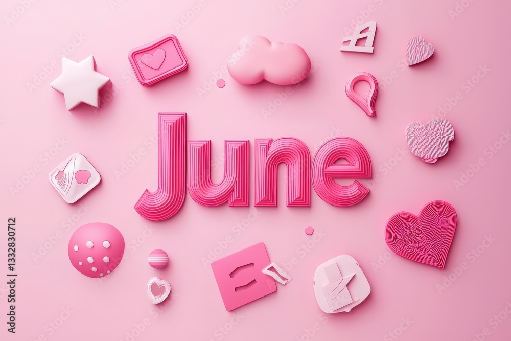 Bright pink decorations are arranged creatively around the bold lettering spelling June. Various shapes such as stars, hearts, and clouds add a playful touch.