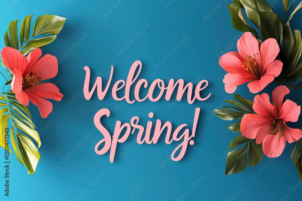 Bright pink flowers and lush green leaves frame a cheerful message welcoming spring against a vibrant blue backdrop, symbolizing renewal and the beauty of the season.