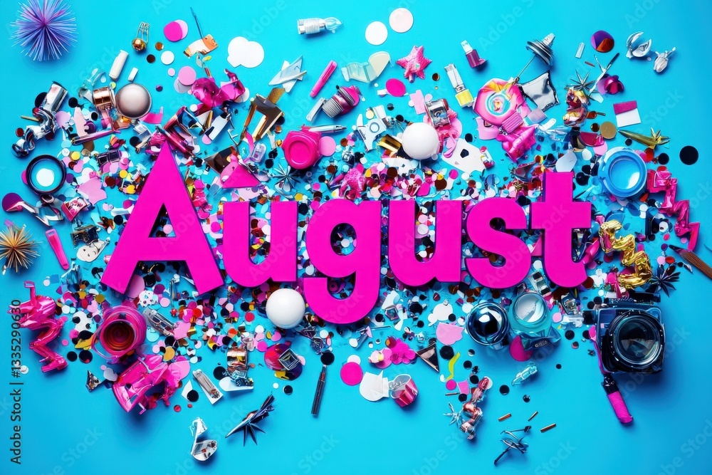 Bright pink letters spell August against a vivid blue backdrop, surrounded by a variety of colorful objects and decorations, creating a fun and festive atmosphere perfect for celebration.