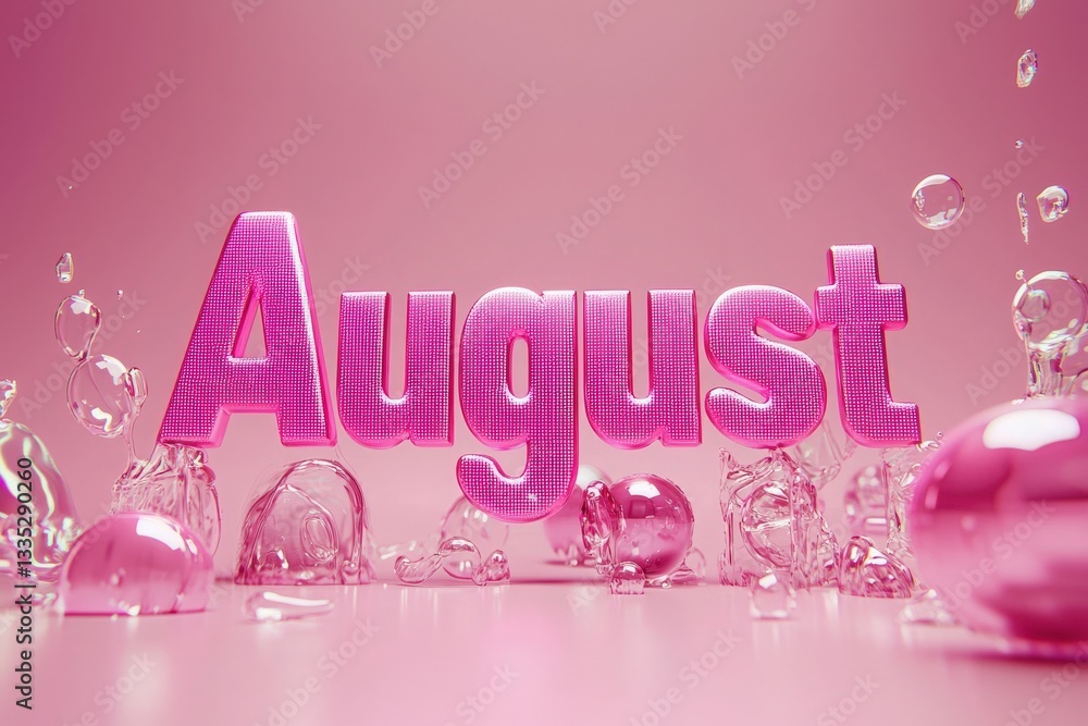 Bright pink letters spell out August, surrounded by playful bubbles and shiny orbs. This cheerful depiction captures the essence of summer and evokes a fun atmosphere.