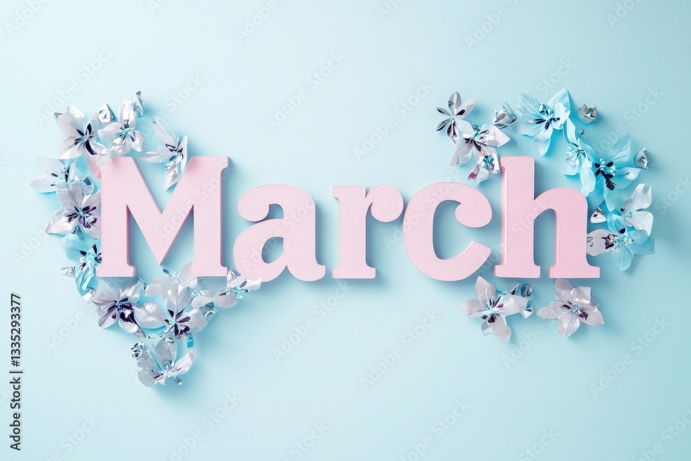 Bright pink letters spell out March, surrounded by delicate floral decorations. The setting features a soft blue background, enhancing the seasonal theme and vibrant colors.