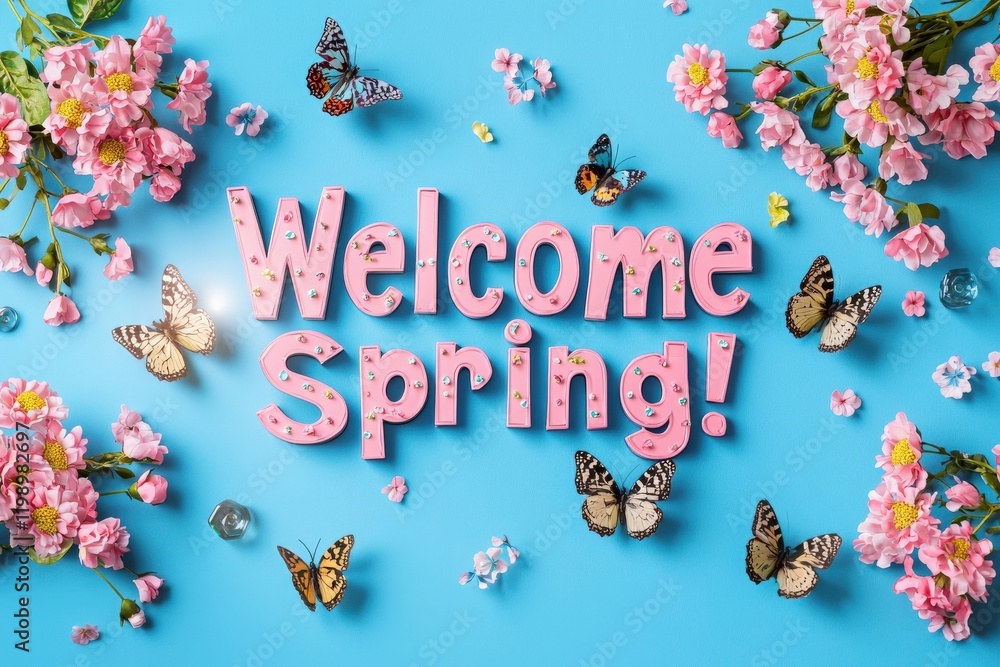 Bright pink letters spell out a welcoming message for spring, surrounded by butterflies and blooming flowers on a vivid blue background, creating a cheerful atmosphere for the season.