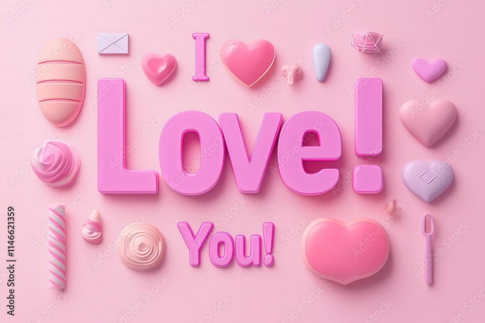 Bright pink letters spell out love surrounded by playful heart shapes and candy. This cheerful display captures the essence of joy and affection, perfect for special occasions.