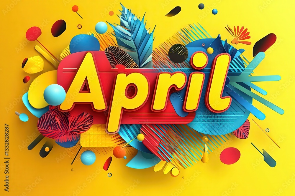 Bright, playful illustration features the word April surrounded by colorful geometric shapes and tropical leaves.