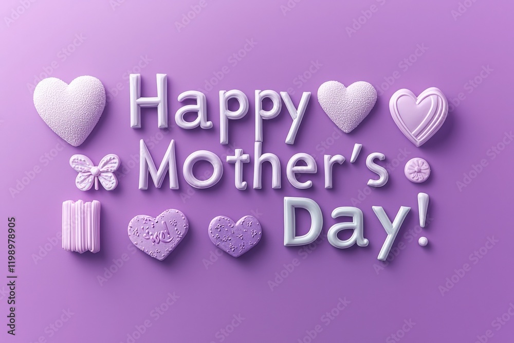 Bright purple background adorned with various heart shapes and decorative elements celebrates Mothers Day. Messages express love and appreciation, perfect for a heartfelt occasion.