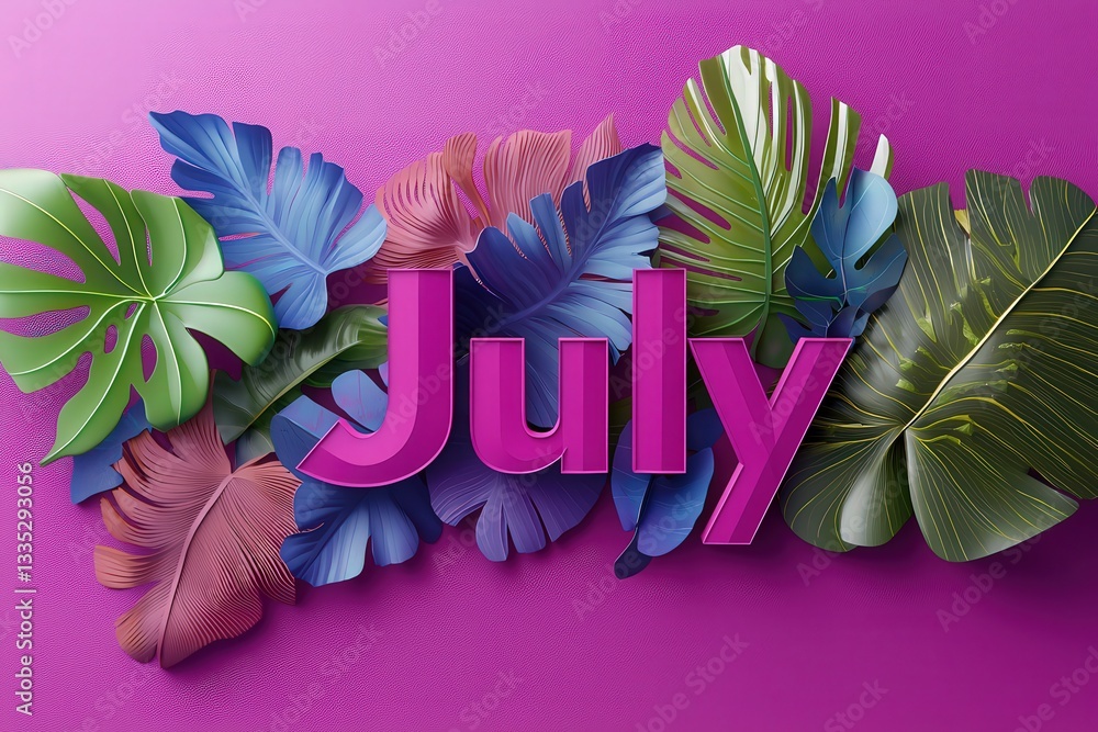 Bright purple background features an arrangement of lush tropical leaves surrounding bold text that spells July. This design evokes a lively summer vibe, celebrating the season.