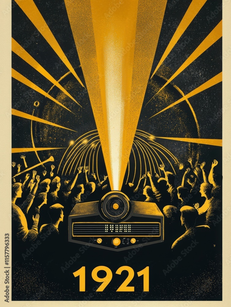 Bright rays emanate from a vintage projector as a crowd enthusiastically cheers during an event celebrating the year 1921. The lively atmosphere is enhanced by striking colors and patterns.