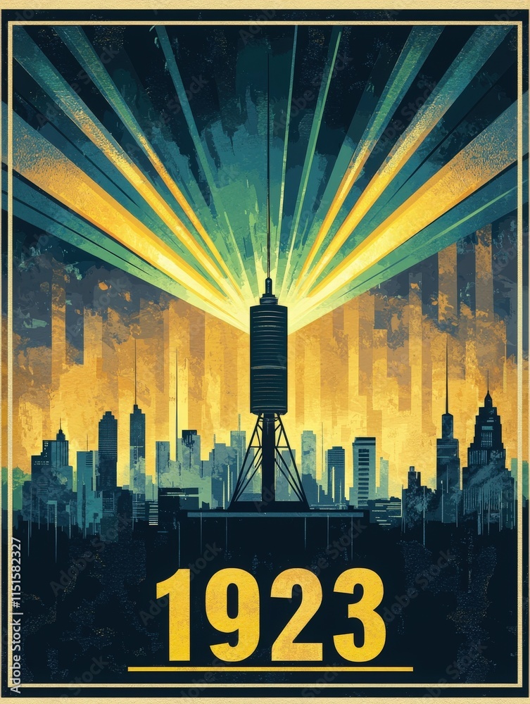 Bright rays of light emanate from a radio tower, illuminating the silhouette of a bustling city skyline. This artwork captures the energy and innovation of urban life in 1923, highlighting progress.