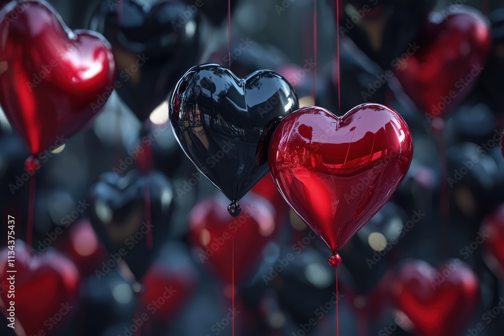 Bright red and black heart decorations are suspended in mid-air, creating a festive atmosphere for a romantic celebration. The shiny surface reflects light beautifully, enhancing the decor.