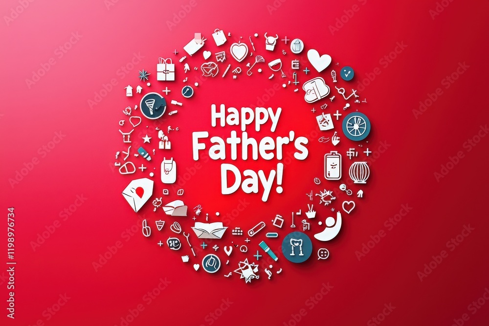 Bright red background features creative symbols celebrating Fathers Day. Emphasis on love, gifts, and family with playful illustrations surrounding the central message of affection and gratitude.