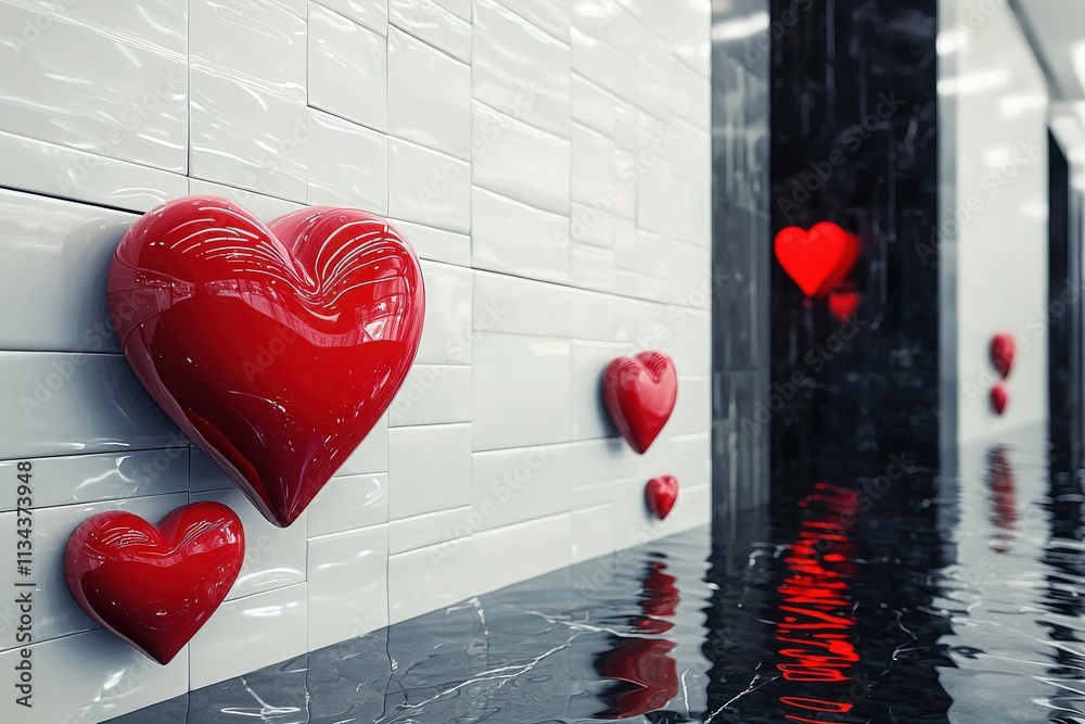 Bright red hearts are displayed on a modern tiled wall, with gentle reflections visible in the calm water below. The setting offers a romantic and artistic ambiance.