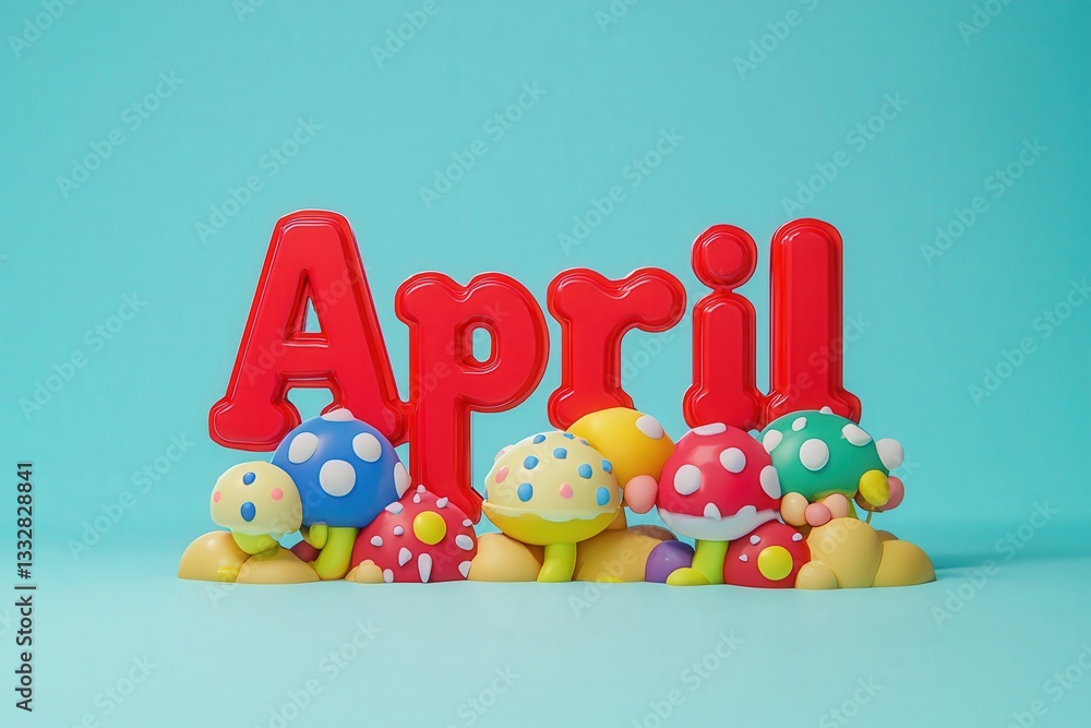 Bright red letters spell April, surrounded by whimsical, multicolored mushrooms on a soft blue backdrop. The playful arrangement adds a cheerful touch to the spring theme.
