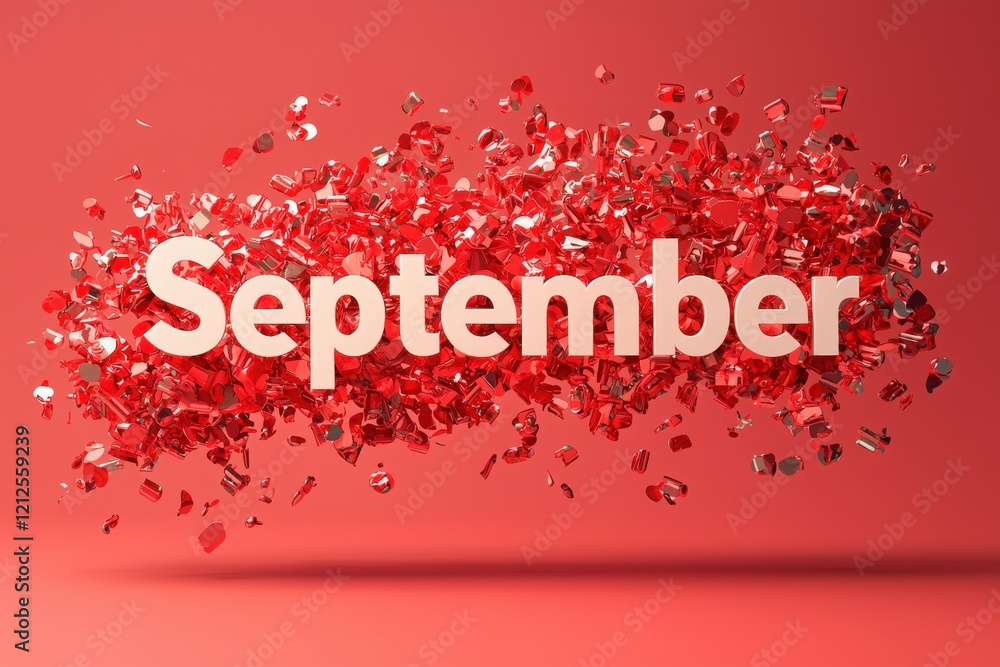 Bright red sparkling fragments surround the word September, creating a vibrant and festive atmosphere. The background enhances the visual appeal and evokes excitement for the month.