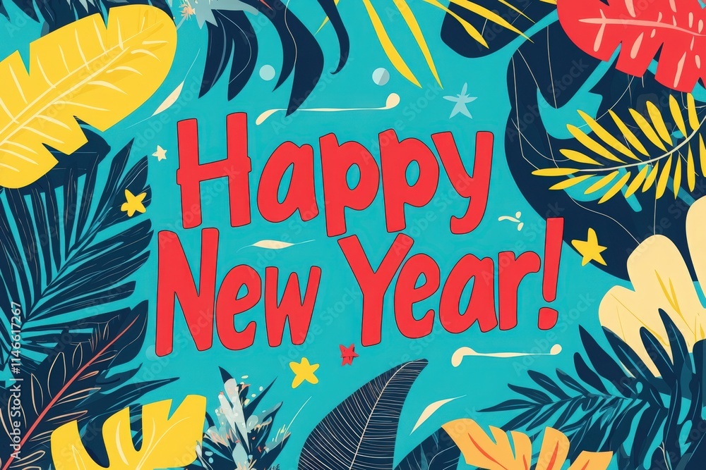 Bright tropical leaves and bold lettering combine to create a festive atmosphere for welcoming the New Year. Colorful design elements invoke a sense of joy and celebration.