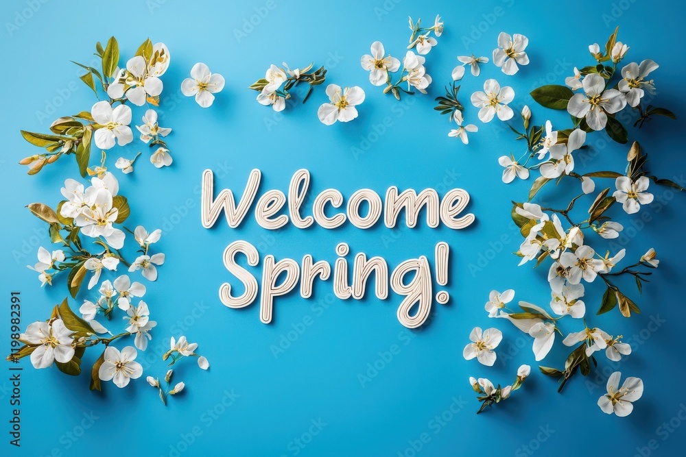 Bright white flowers frame cheerful lettering that welcomes the arrival of spring. The vivid blue background enhances the freshness and joy associated with the season.