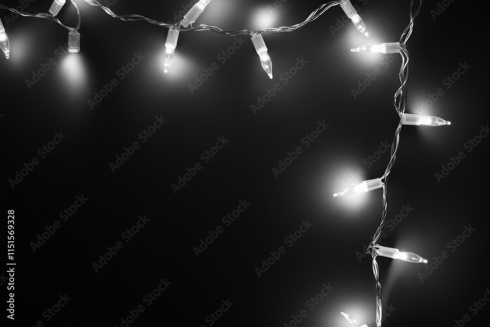 Bright white string lights are draped against a dark backdrop, creating a warm and inviting atmosphere. The lights twinkle softly, suggesting a festive or cozy setting perfect for gatherings.