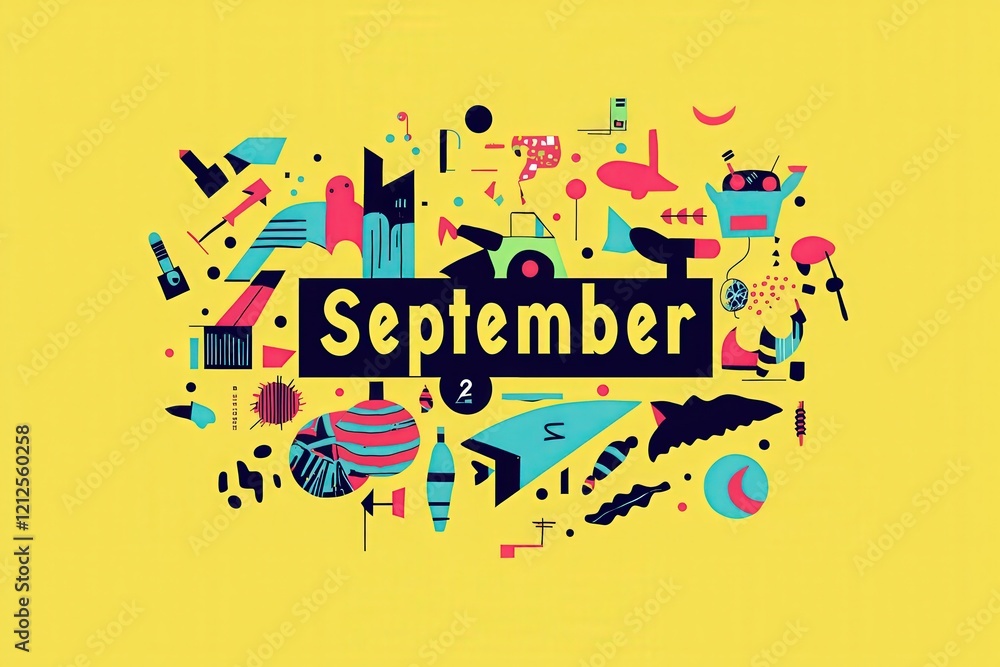 Bright yellow backdrop featuring a dynamic arrangement of playful geometric shapes and icons representing September. The design is filled with color and creativity, capturing the essence of the month.