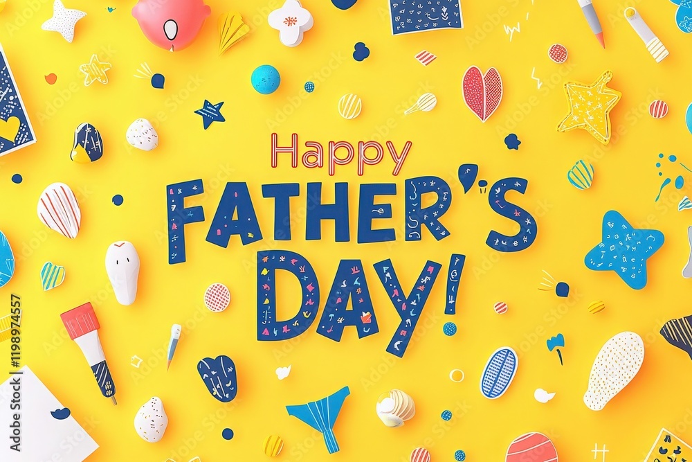 Bright yellow background features a festive arrangement of various shapes and textures alongside a cheerful Fathers Day greeting. This design embodies joy and celebration.