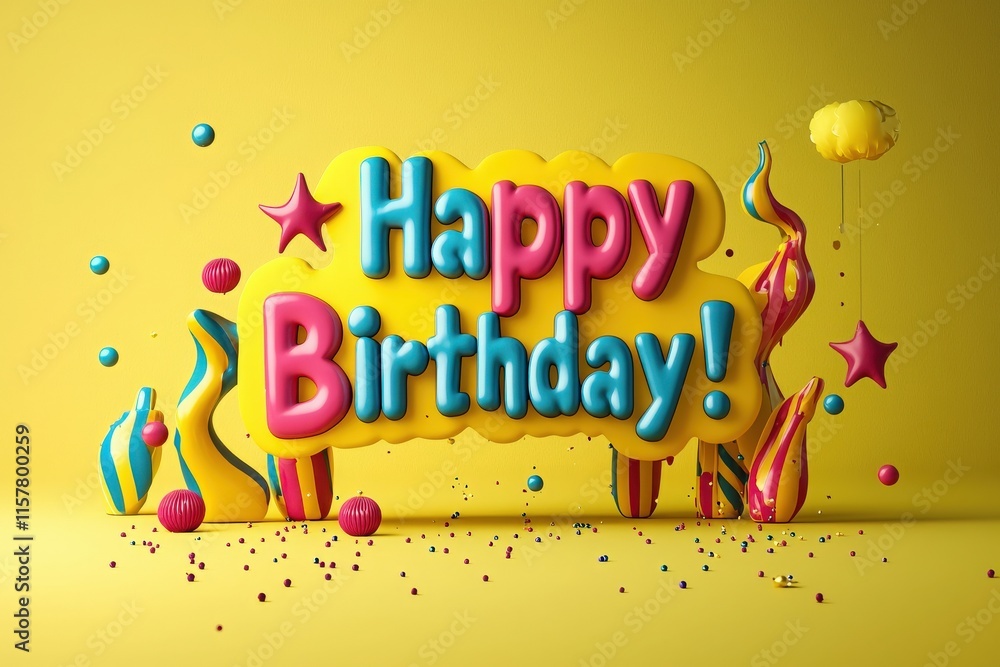 Bright yellow background features colorful birthday decorations with a cheerful message. Festive elements include balloons, confetti, and playful shapes that evoke celebration and joy.