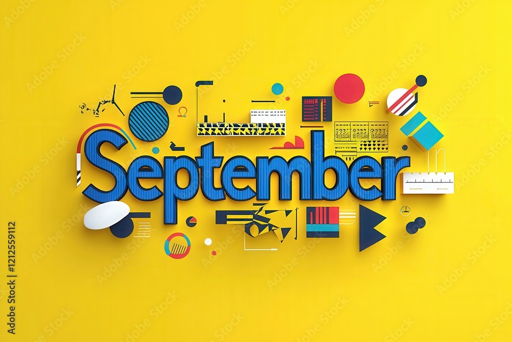 Bright yellow background showcases the word September in bold lettering, accompanied by various colorful shapes and patterns, creating a vibrant and cheerful atmosphere perfect for autumn.