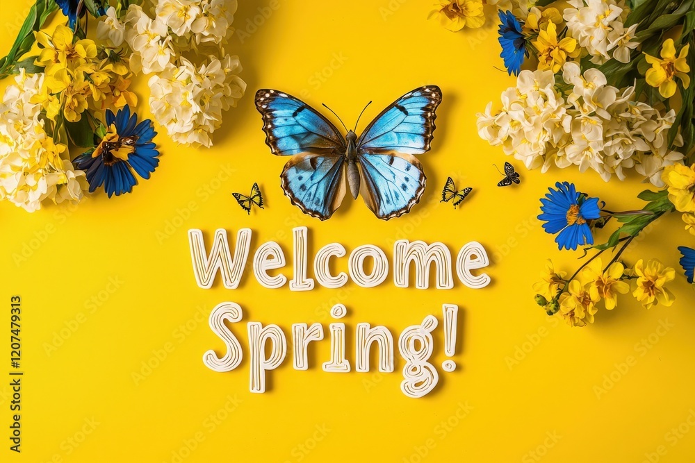 Bright yellow surface features vibrant flowers and a large blue butterfly. Surrounding text expresses joy for the arrival of spring. Small butterflies add to the cheerful atmosphere.