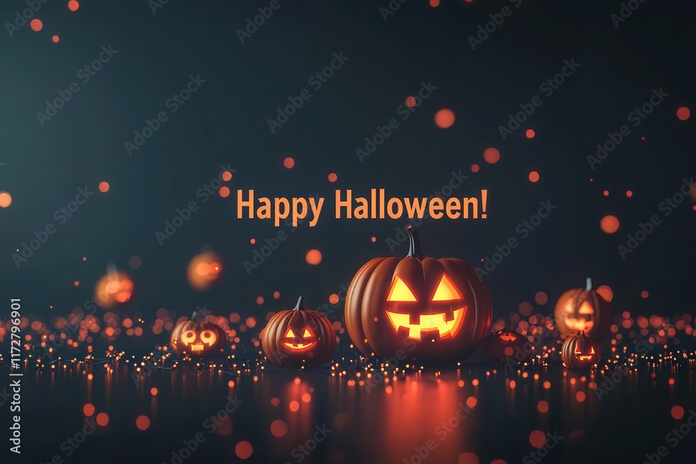 Brightly carved jack-o-lanterns glow against a dark backdrop, surrounded by sparkling lights, conveying the festive spirit of Halloween and inviting joy and celebration.