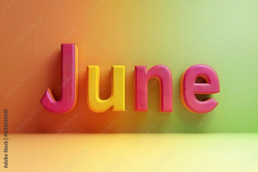 Brightly colored 3D letters spell out June against a smooth gradient backdrop. The vivid pink and yellow hues create a cheerful atmosphere, ideal for summer celebrations.