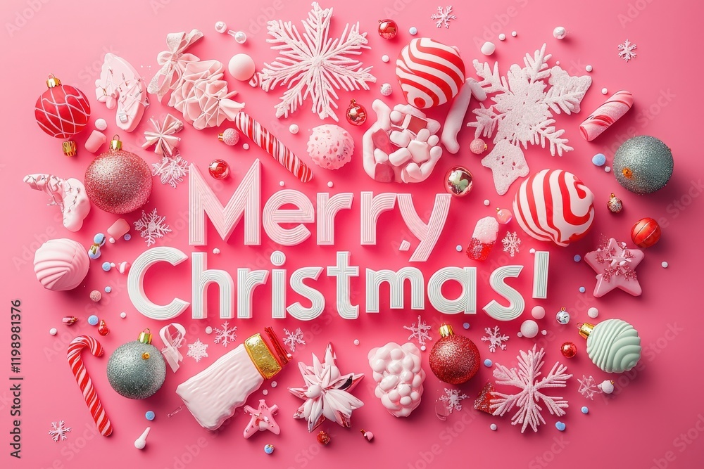 Brightly colored Christmas ornaments, candies, and decorations are artistically arranged on a pink backdrop. The words Merry Christmas! stand out, enhancing the festive atmosphere.