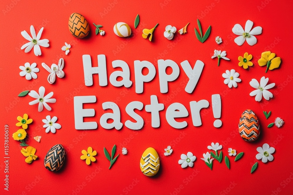 Brightly colored Easter eggs and various flowers are arranged around a cheerful Happy Easter! message on a vivid red background, creating a festive and joyful atmosphere.