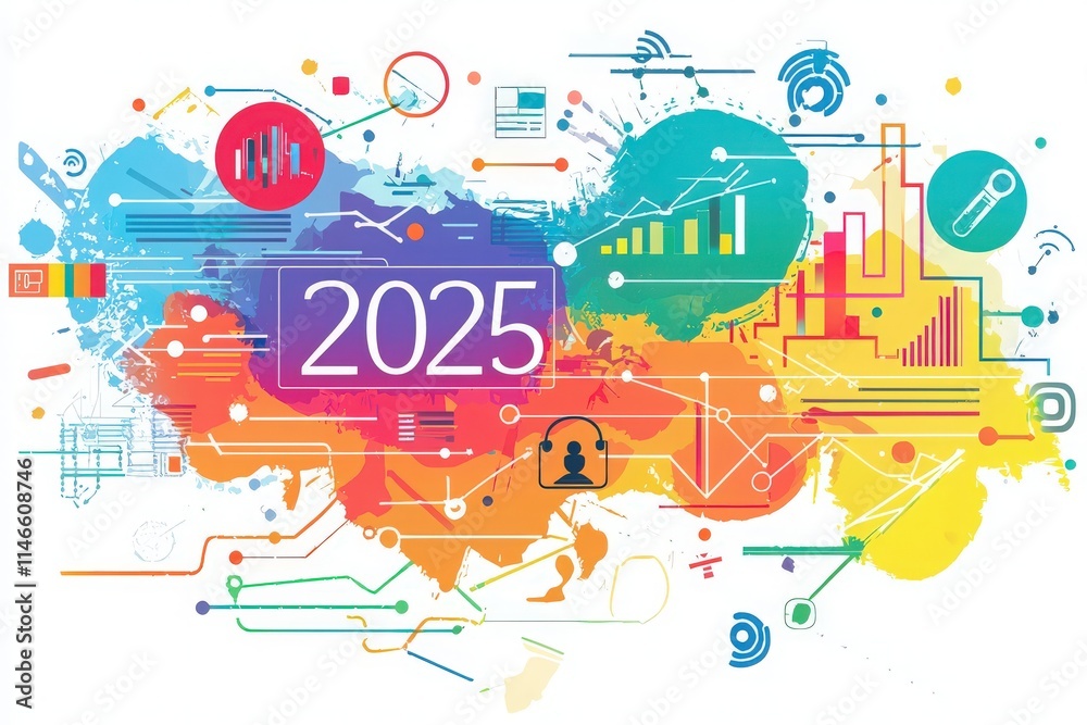 Brightly colored abstract design illustrates the technological advancements and data trends anticipated for 2025. Various shapes and symbols convey the vibrant future of innovation and connectivity.