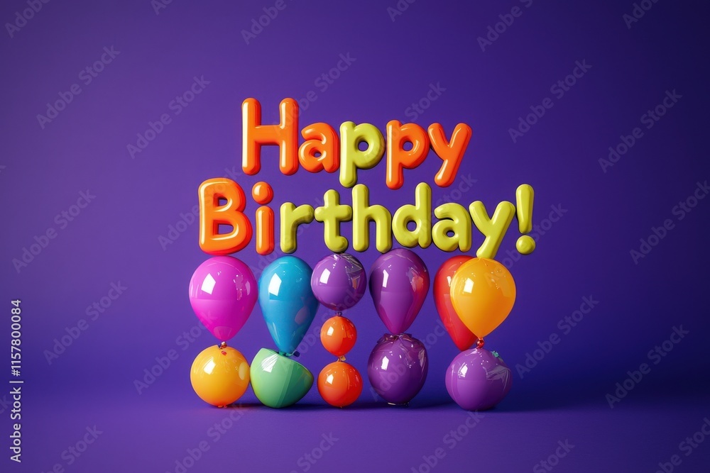 Brightly colored balloons in various sizes are arranged in front of a purple backdrop, alongside playful birthday wishes.