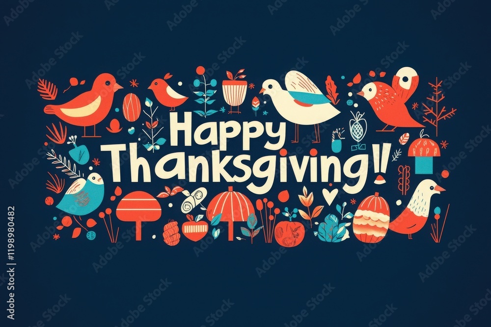 Brightly colored birds and autumn-themed decorations create a joyful atmosphere for Thanksgiving. The design features pumpkins, mushrooms, and flowers, celebrating the festive spirit.