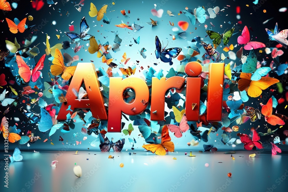 Brightly colored butterflies surround bold letters spelling April. The playful display captures the essence of spring in a lively and cheerful atmosphere.