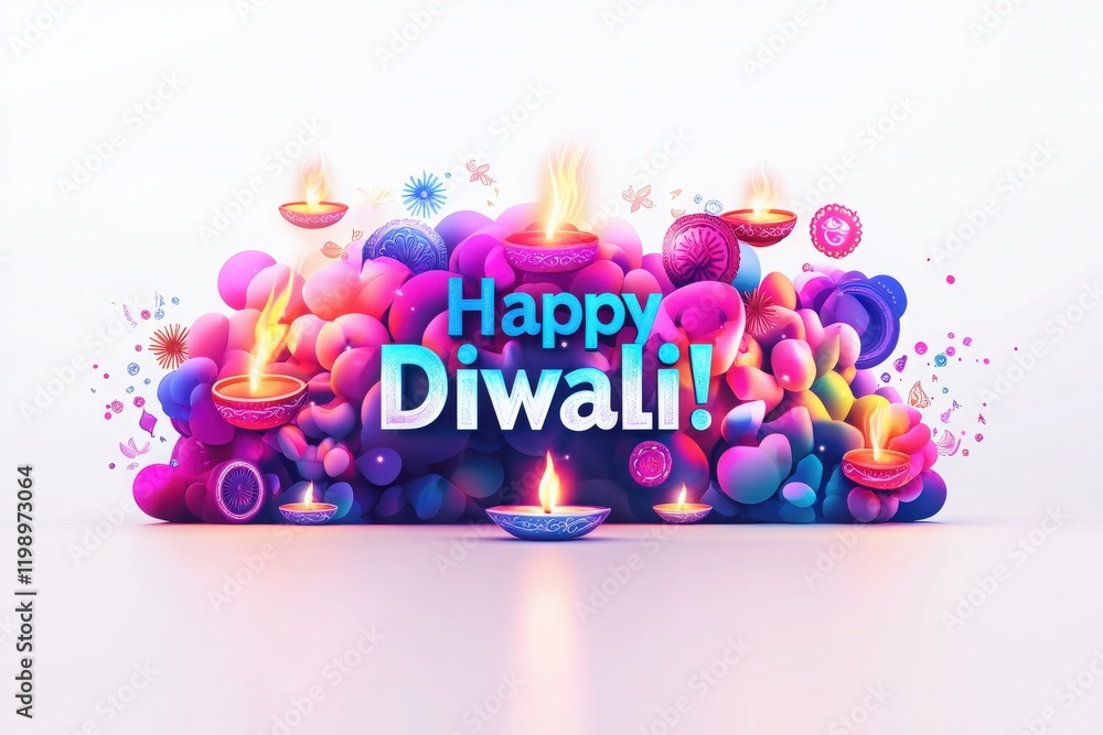 Brightly colored decorations and floating candles create a festive atmosphere for Diwali. The cheerful greeting signifies joy and light during this important cultural celebration.