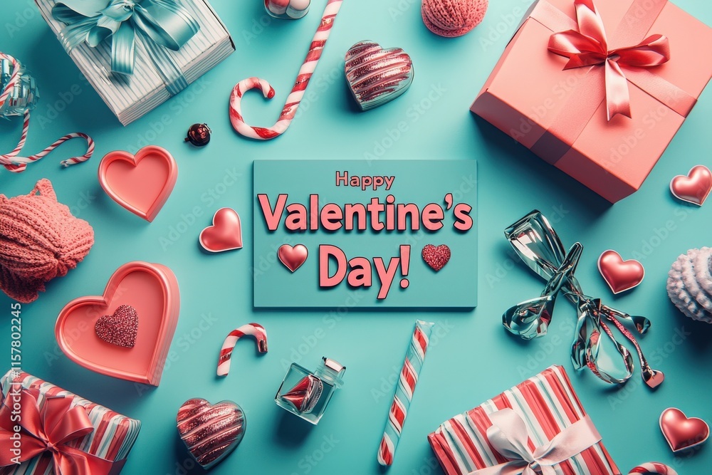 Brightly colored decorations and gifts celebrate Valentines Day, featuring heart shapes, candies, and presents arranged on a vibrant blue surface. A cheerful message adds a festive touch.