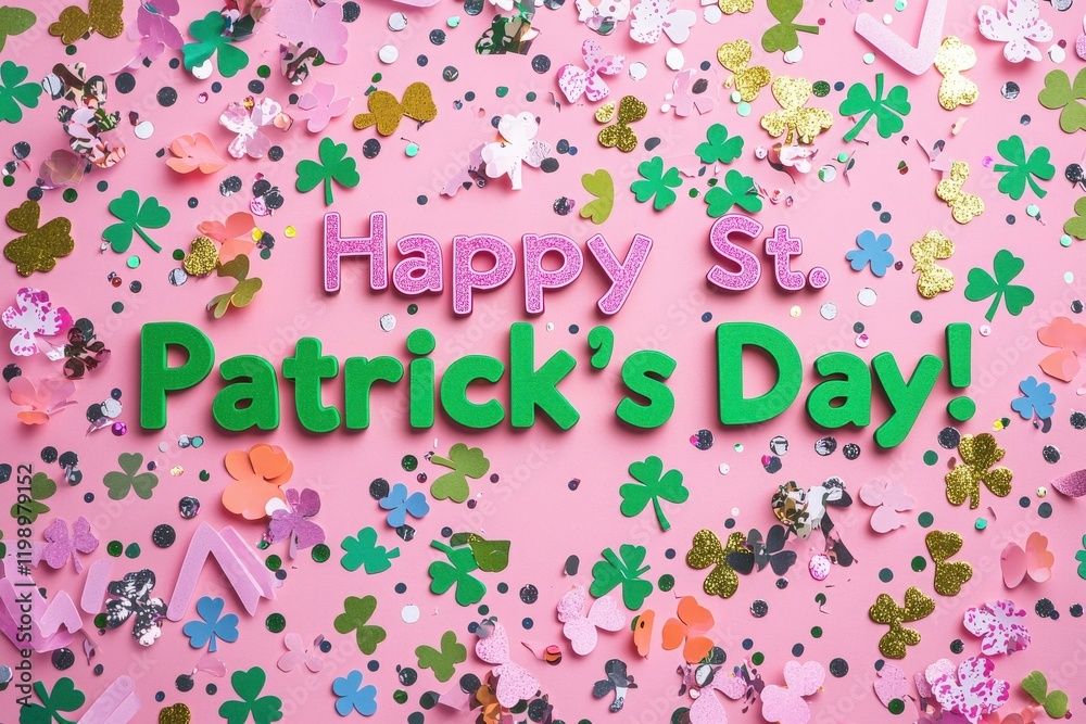 Brightly colored decorations for St. Patricks Day cover a pink background. Glittery letters spell out a greeting, surrounded by shamrock confetti and vibrant shapes.