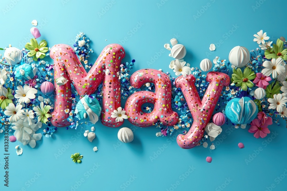 Brightly colored decorations spell out May, surrounded by flowers and various candies on a vibrant blue background. The playful design evokes a festive mood perfect for springtime celebrations.