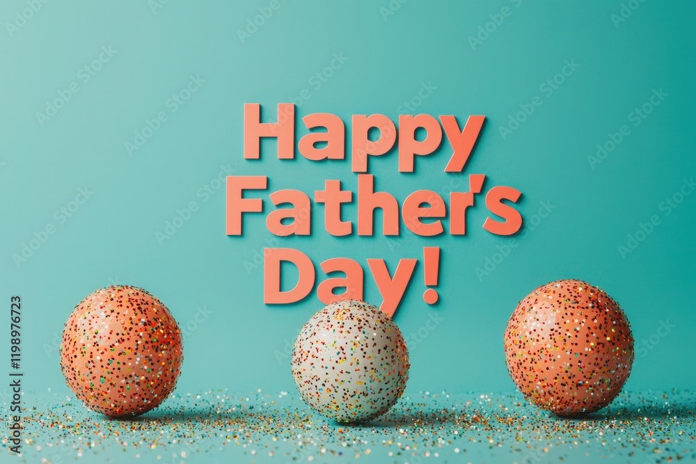 Brightly colored decorative balls are arranged in a playful manner with vibrant sprinkles scattered around. A cheerful message wishing Happy Fathers Day is boldly displayed in the background.